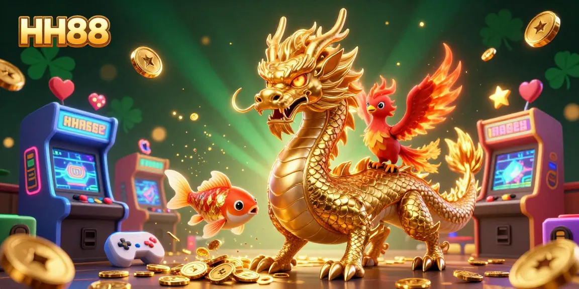 Experience the exciting gaming world of HH88 with dragons, phoenixes, and golden coins.