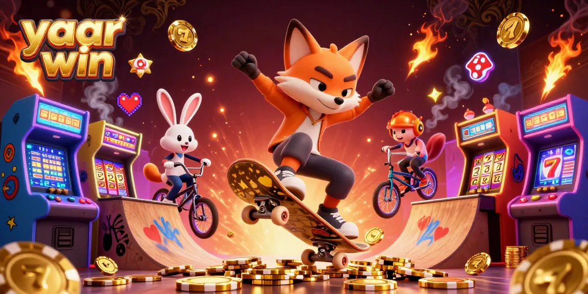 Engage with yaar win thrilling antics in a vibrant casino-themed 3D illustration featuring cartoon skateboarding characters.