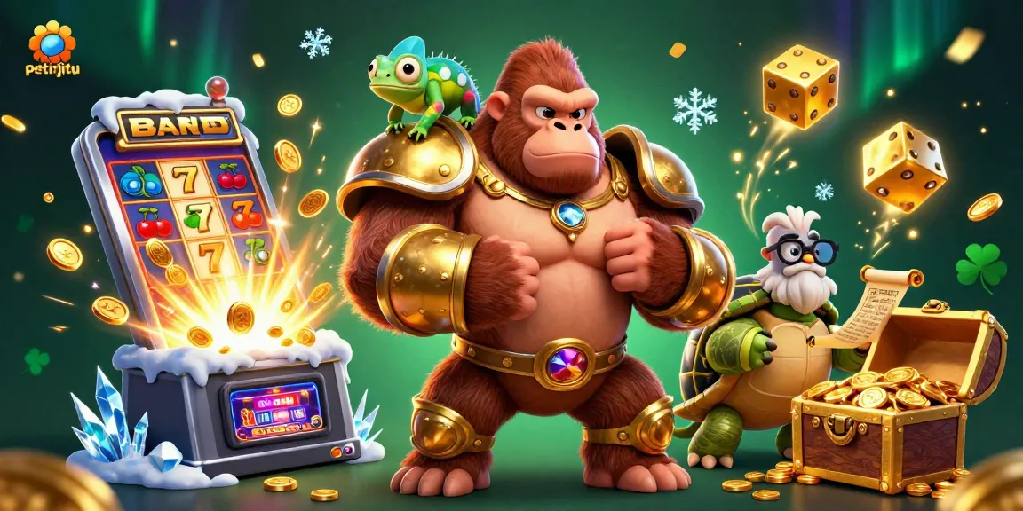 Petirjitu menang jackpots dengan slot dan keceriaan karakter kasino di latar yang menakjubkan.