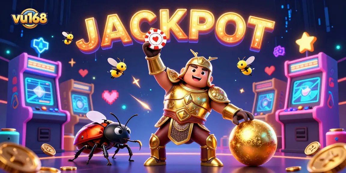 vu168 offers a vibrant scene with a victorious beetle, animated gaming elements, and a jackpot theme