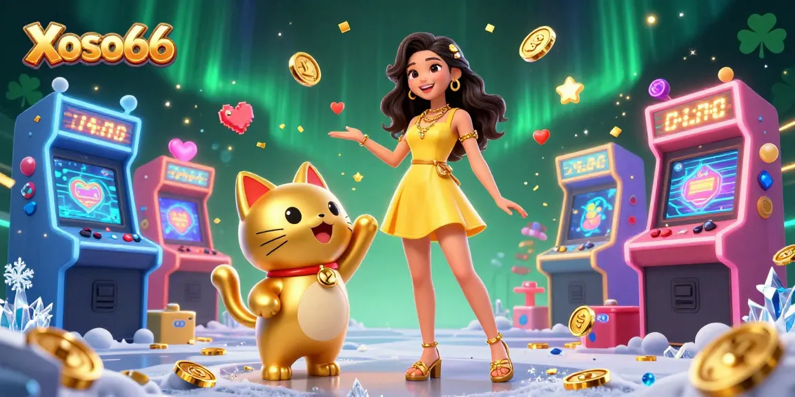 Xoso66 brings a joyful casino experience with stunning visuals, colorful arcade machines, and interaction with a lucky cat.