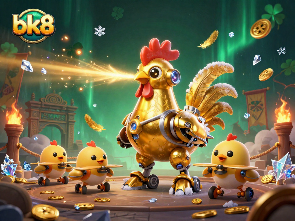 Engage with bk8's exciting golden rooster robot and baby chick drones in a vibrant casino scene.
