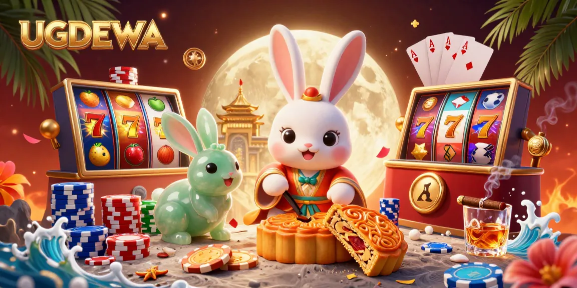 Spin the reels at UGDEWA with vibrant 3D illustration featuring lucky charms and poker chips.