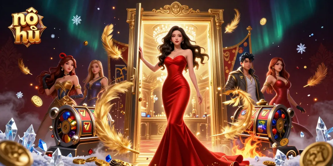 Experience the excitement of nổ hũ with a beautiful Asian woman in a luxurious casino doorway, surrounded by slot elements and golden decorations.