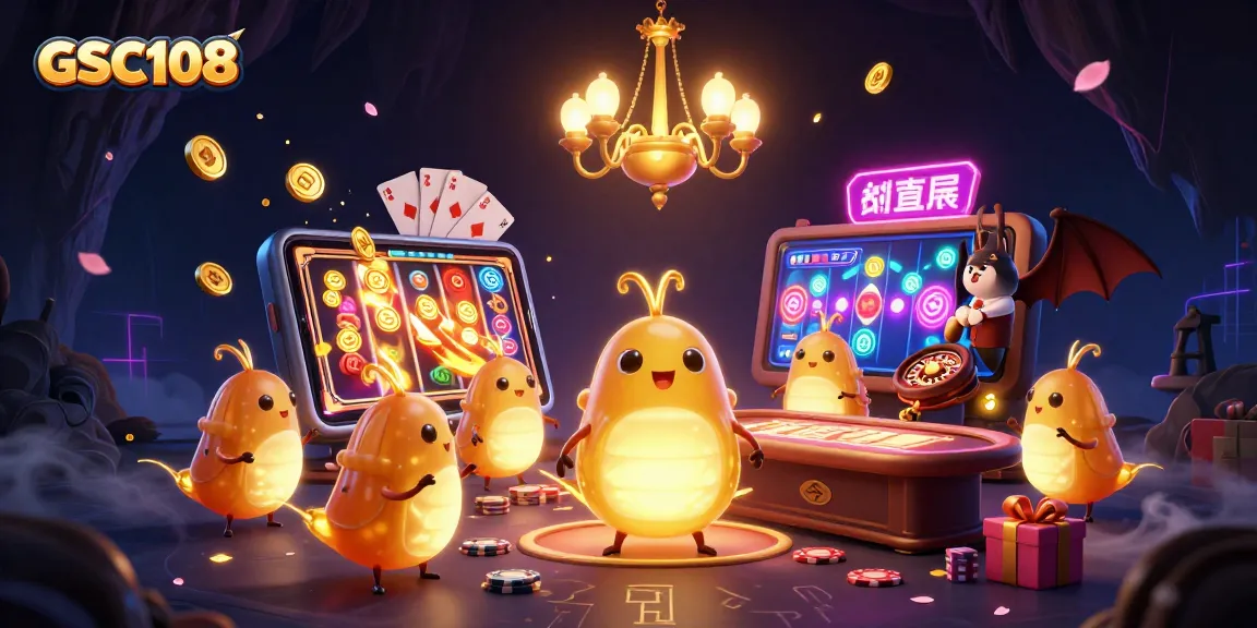 Experience the excitement of GSC108 with animated glowworms in a vibrant casino scene.