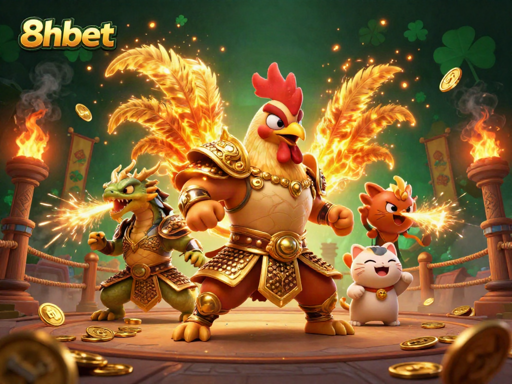 Experience the thrill of 8xbet with a dynamic scene of warriors and gold coins in action.