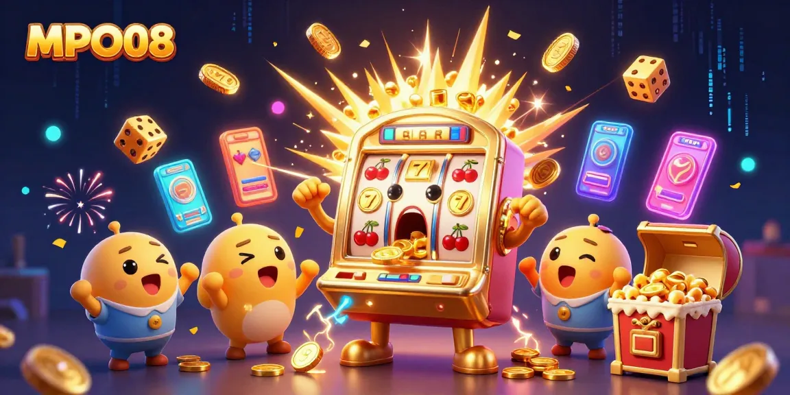 MPO08 celebrates wins with a golden slot machine emitting coins and baby slots cheering in a vibrant casino scene.