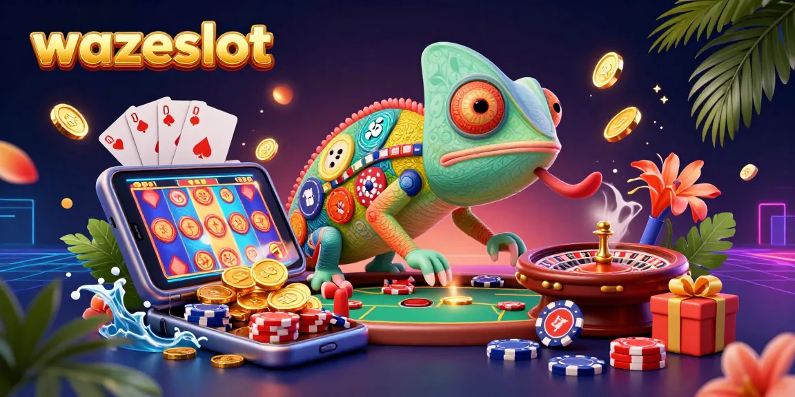 Engage with the vibrant world of wazeslot featuring an animated chameleon enjoying a thrilling casino experience.