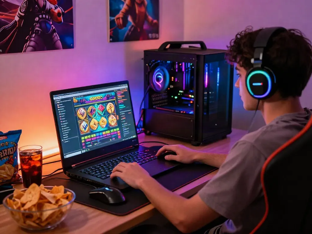 Engaged gamer immersed in an exciting slot gacor online game, colorful immersive workspace.