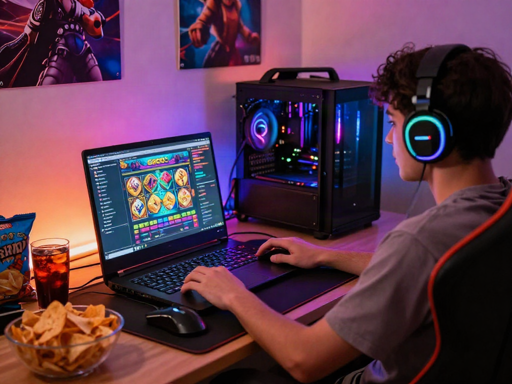 Engaged gamer immersed in an exciting slot gacor online game, colorful immersive workspace.