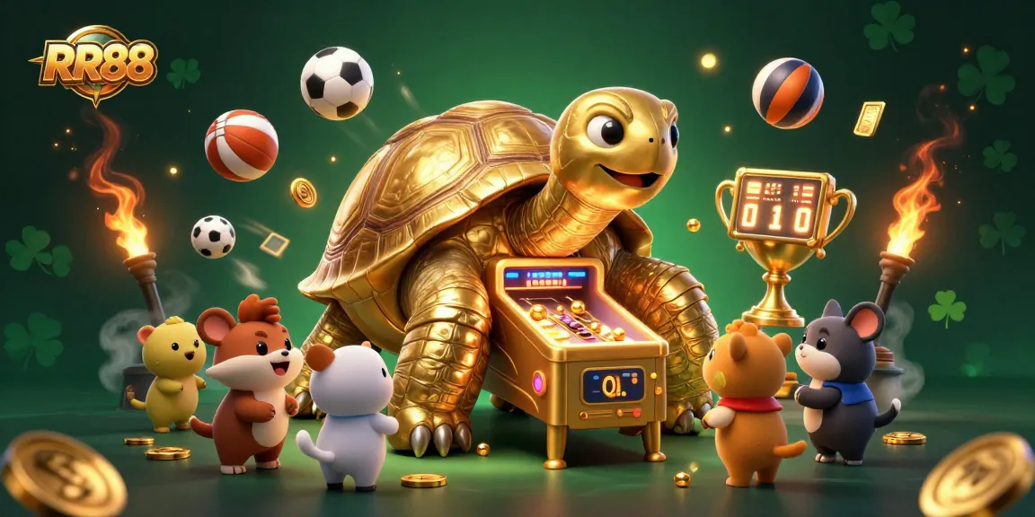 Engage with RR88 in a dynamic casino scene featuring a colossal tortoise pinball machine and sports elements.