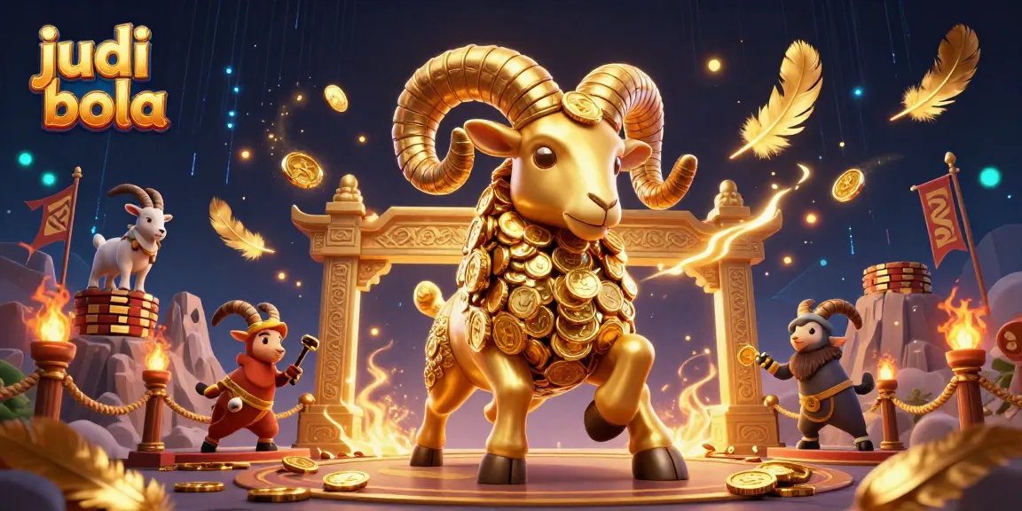 Experience thrilling judi bola action with dynamic 3D illustration of golden ram and vibrant casino elements.