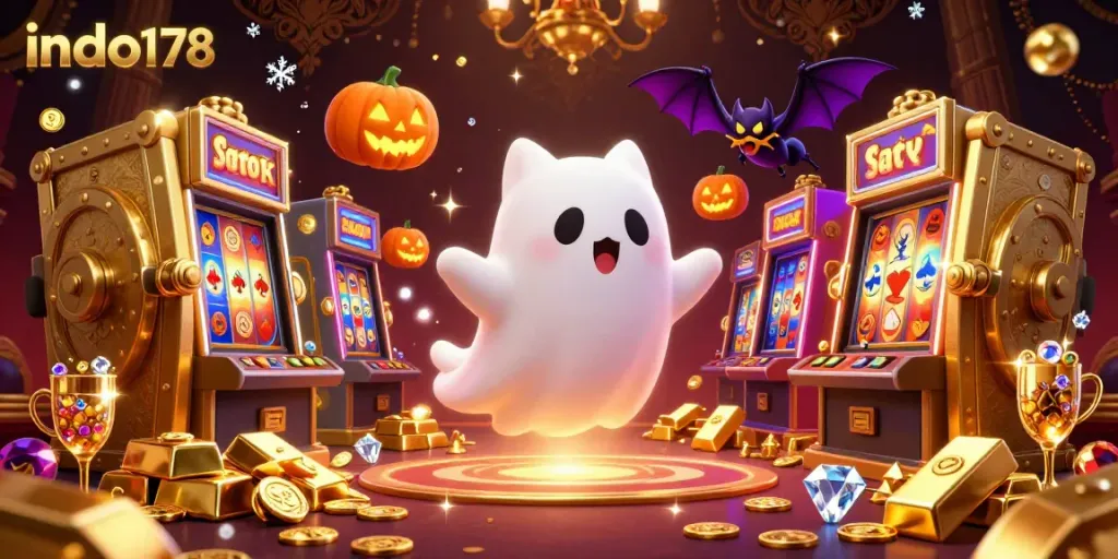 Exciting scene at indo178 casino highlights thrilling wins with glowing treasures and a friendly ghost cat.