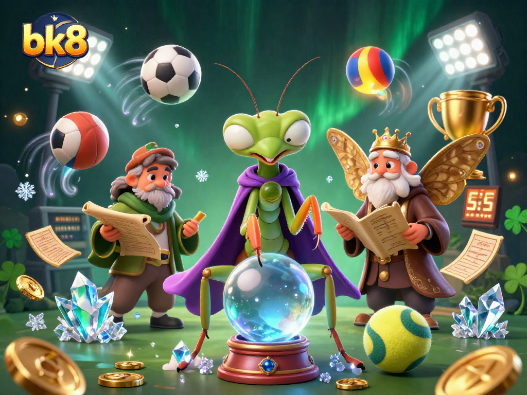 Engage with bk8's thrilling betting experience, surrounded by vibrant sports elements and a magical atmosphere.