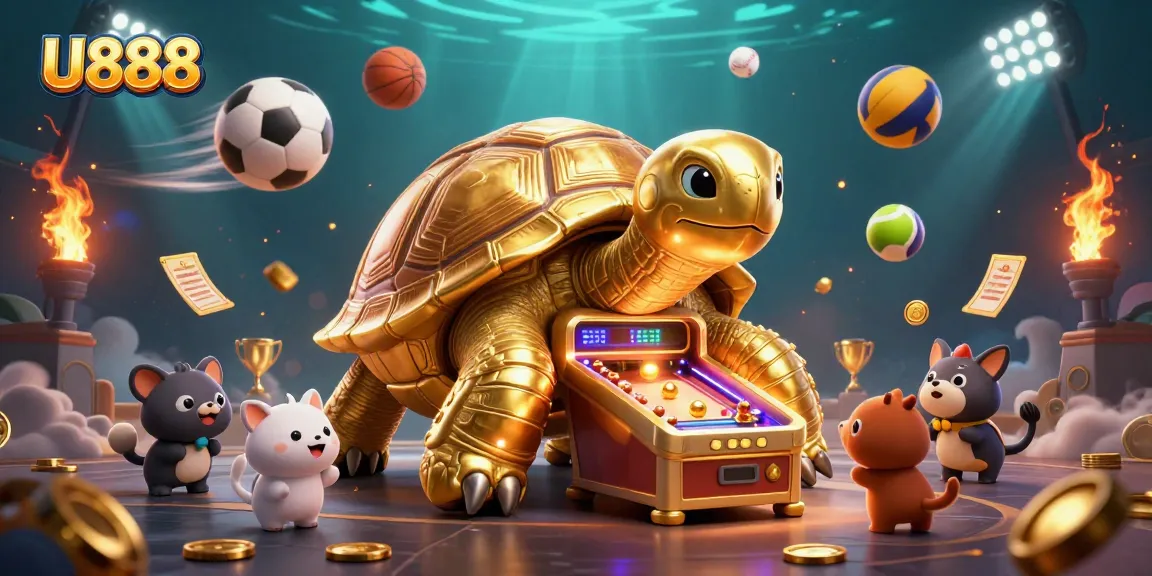 Bet on U888 with a vibrant 3D casino scene featuring a golden tortoise and dynamic sports elements.
