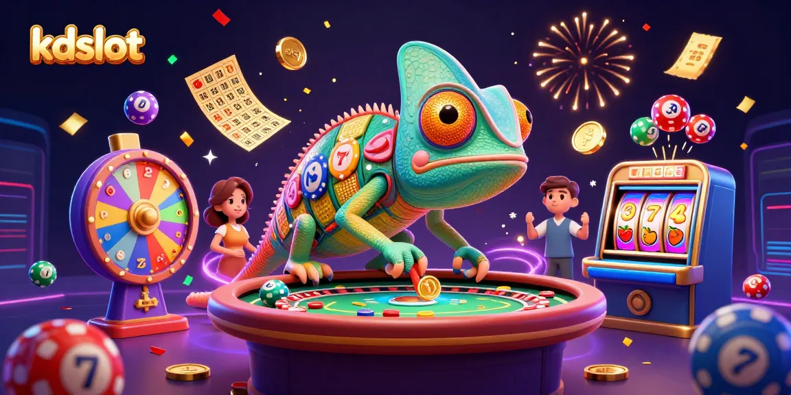 Experience the vibrant world of kdslot with a lively casino scene full of colorful lottery elements and a dynamic chameleon.
