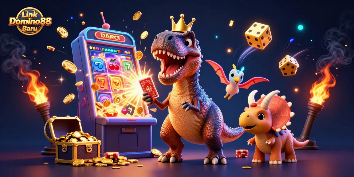 Link Domino88 Baru showcases a T-Rex shuffling cards with vibrant casino elements around.