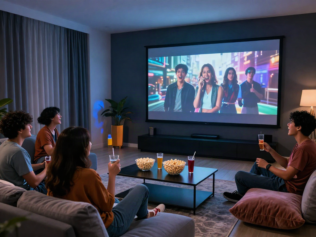 บรรยากาศการดูหนังเอวีซับไทย.live กับกลุ่มเพื่อนในห้องนั่งเล่นที่มีความสนุกสนาน
