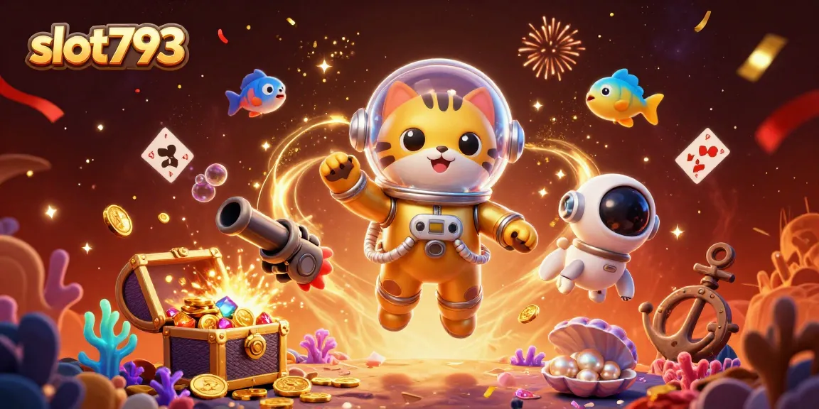 Experience slot793 action with a vibrant 3D illustration of a space cat and robot dog surrounded by cosmic casino treasures.