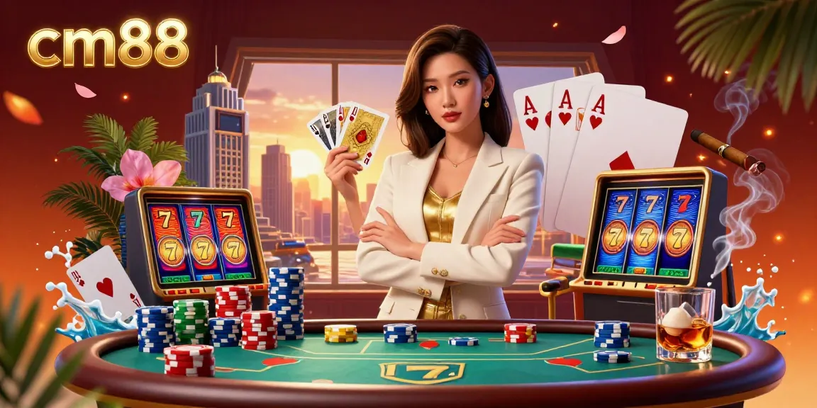 Engaging cm88 casino scene featuring a powerful Asian woman holding cards amid vibrant gaming elements.