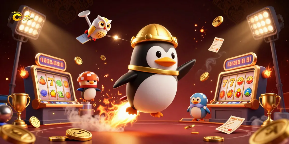 Spin the reels with the caswino rocket-powered penguin in this dynamic casino scene.