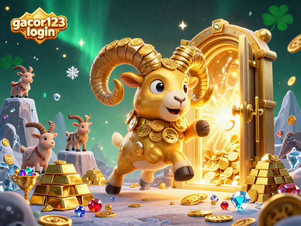Engage with gacor123 login for massive wins illustrated by a golden ram charging through treasure, embodying adventure and excitement.