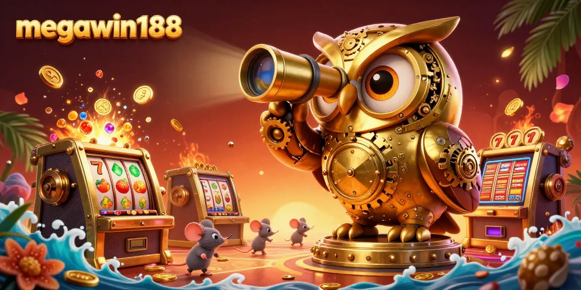 Megawin188 menampilkan burung hantu emas 3D yang berputar mengawasi lantai kasino dengan mesin slot mewah di sekitarnya.
