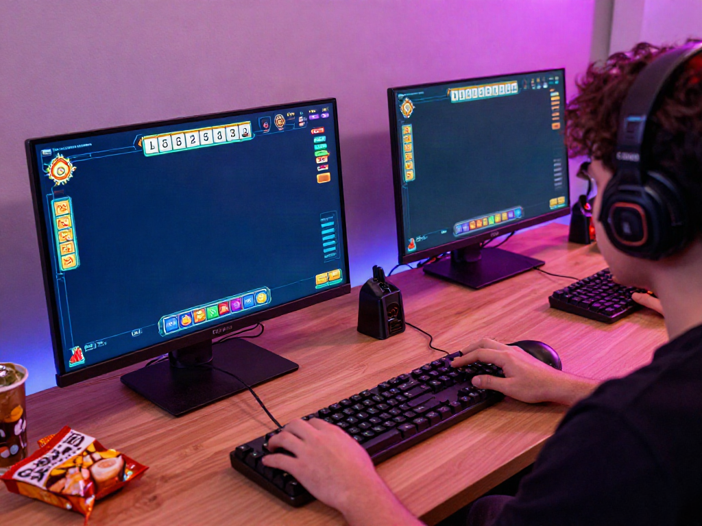 Gamer menikmati permainan mesinmpo Mahjong slot dengan perangkat gaming di ruangan nyaman.