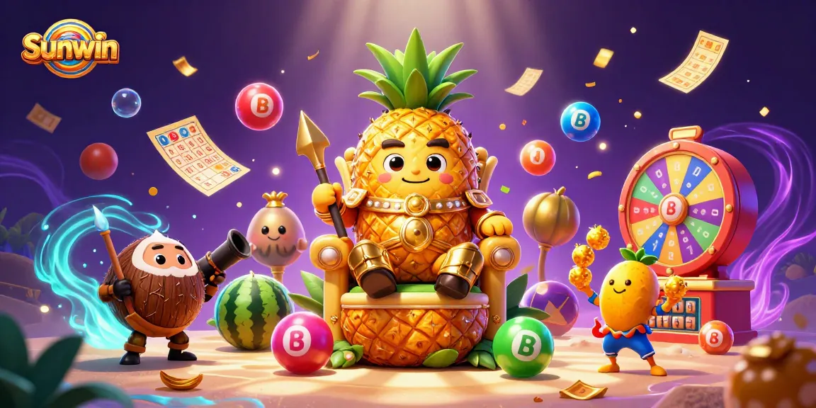 Experience thrilling gaming action with Sunwin's dynamic casino scene featuring a vibrant golden pineapple king.