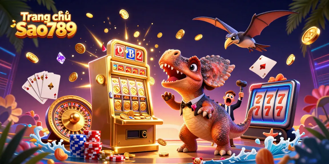 Experience the thrill at Trang chủ Sao789 as dinosaurs clash in a vibrant casino scene full of gold and excitement.