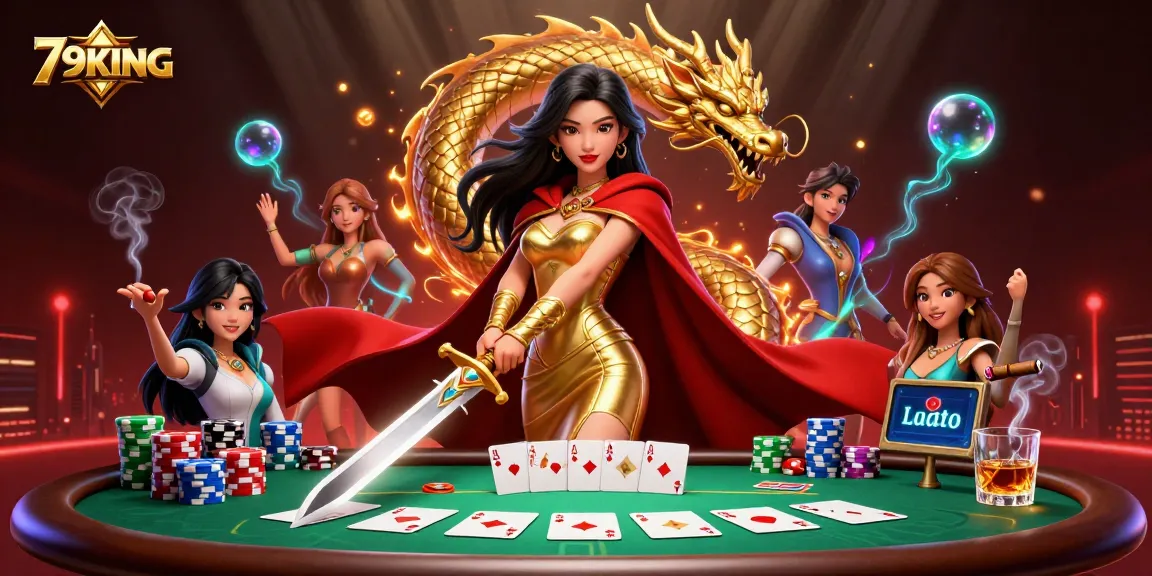 Experience the thrill of 79KING with a majestic warrior queen amidst high-stakes poker elements.