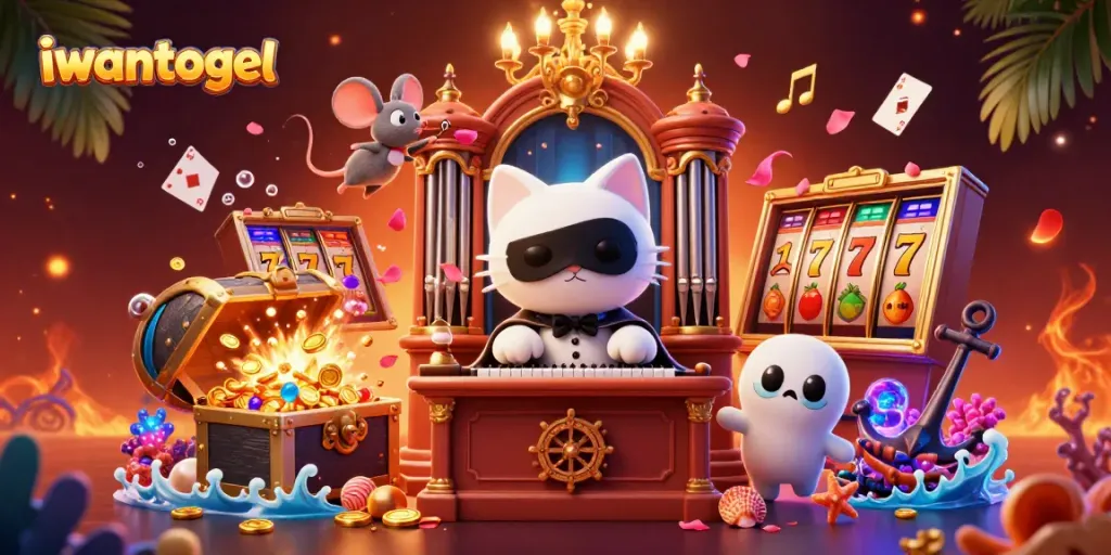 Experience excitement with iwantogel's vibrant 3D casino scene featuring dynamic characters and iconic gaming symbols.