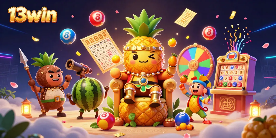 Experience the excitement of 13win with a lively casino-themed illustration of the golden pineapple king and more.