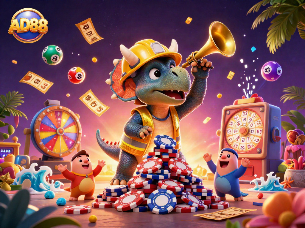 AD88 promotes responsible gambling with fun characters and dynamic lottery elements in a vibrant scene.