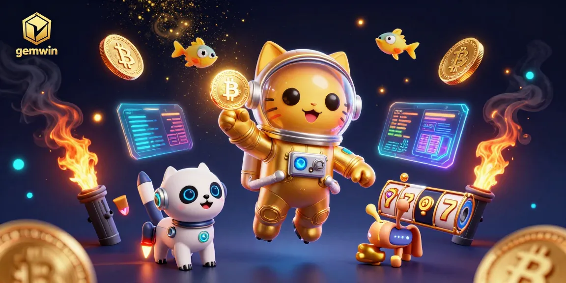 Engage with gemwin's electrifying cosmic casino adventure, featuring slots, gaming icons, and futuristic characters.