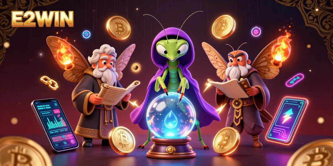E2WIN engaging players in a mystical fortune-telling scene with glowing cryptocurrency elements.