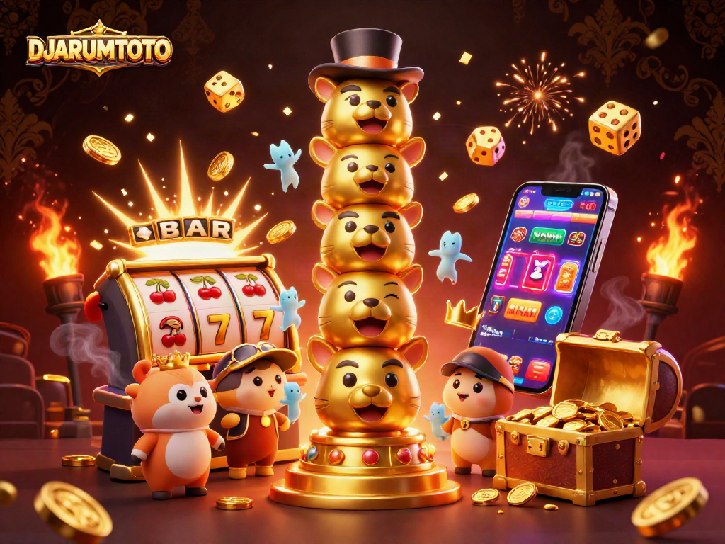 Engage with DJARUMTOTO's vibrant casino scene featuring a golden totem pole and bursting slot machine.