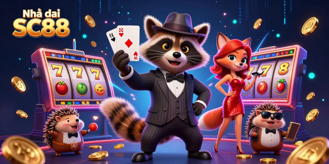 Engaging atmosphere at Nhà cái SC88 with a suave raccoon holding a royal flush surrounded by vibrant slot game elements.