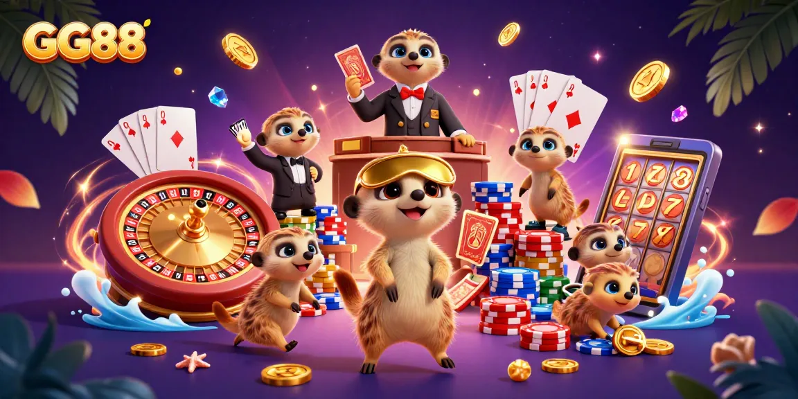 Experience GG88 through a vibrant, animated casino scene with meerkats, sparkling gems, and captivating game elements.