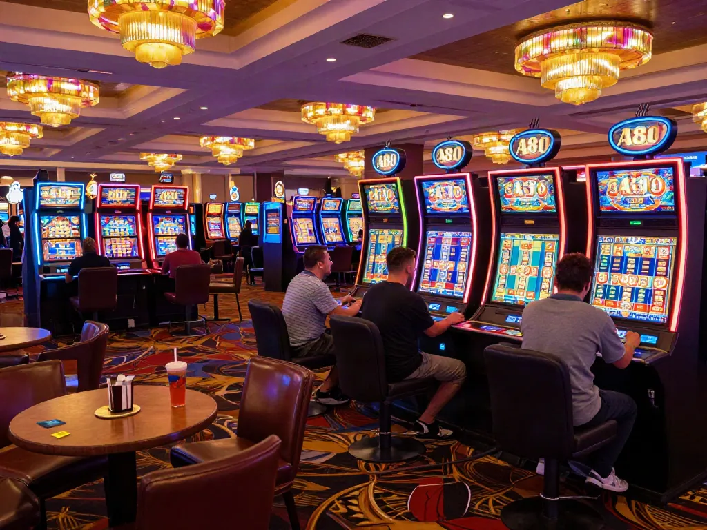 A80 slot information platform showcasing players enjoying vibrant slot machines in a lively casino atmosphere.