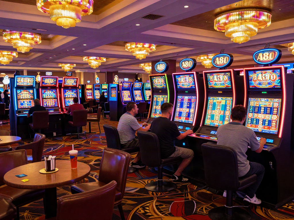 A80 slot information platform showcasing players enjoying vibrant slot machines in a lively casino atmosphere.