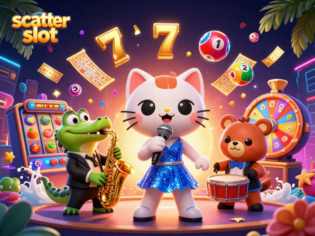 Engage with scatter slot dynamics in a vibrant casino scene featuring animated characters.