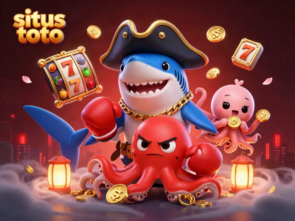 Engaging illustration of situs toto showcasing a pirate shark, boxing pufferfish, and octopus with gold coins in a vibrant casino setting.