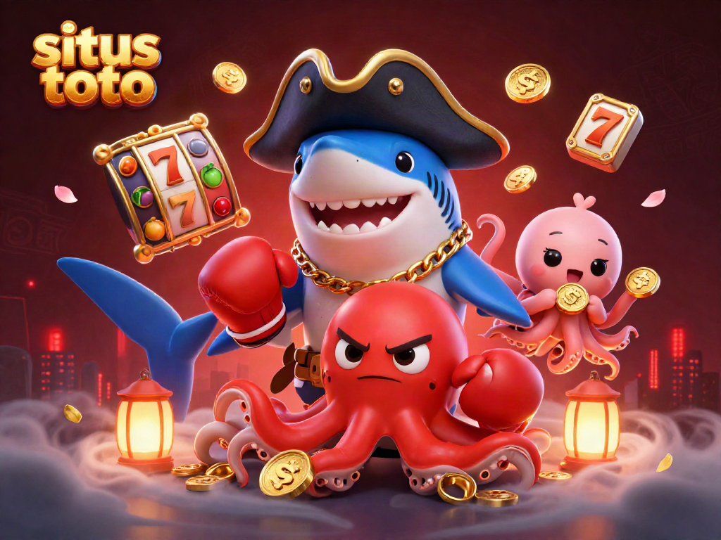 Engaging illustration of situs toto showcasing a pirate shark, boxing pufferfish, and octopus with gold coins in a vibrant casino setting.