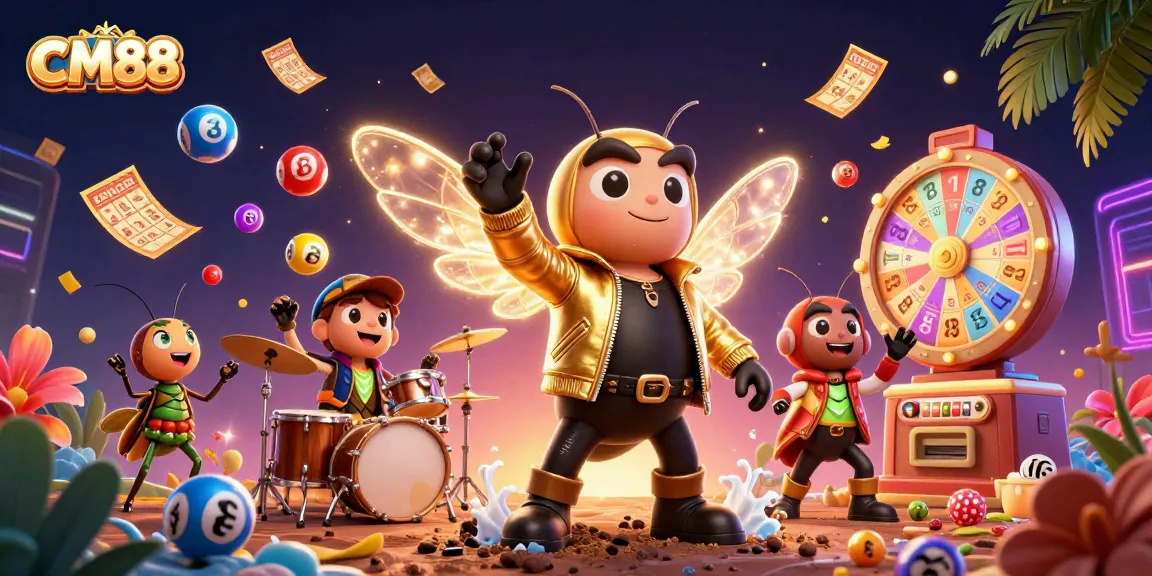 CM88 presents a vibrant scene with a rock star cicada and gaming excitement spilling lottery elements