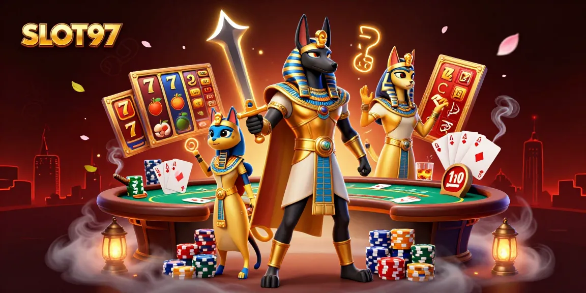 SLOT97 brings thrilling online slot jackpots to life, featuring a powerful Anubis warrior in a vibrant casino setting.