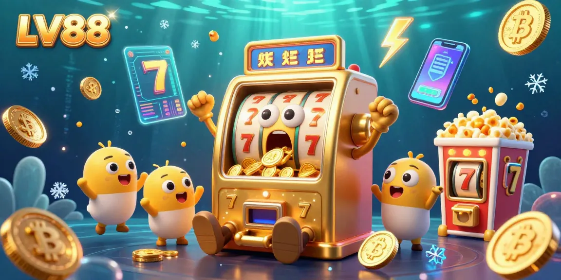 Experience LV88's thrilling jackpot with animated slot machines and cryptocurrency elements in a vibrant casino scene.