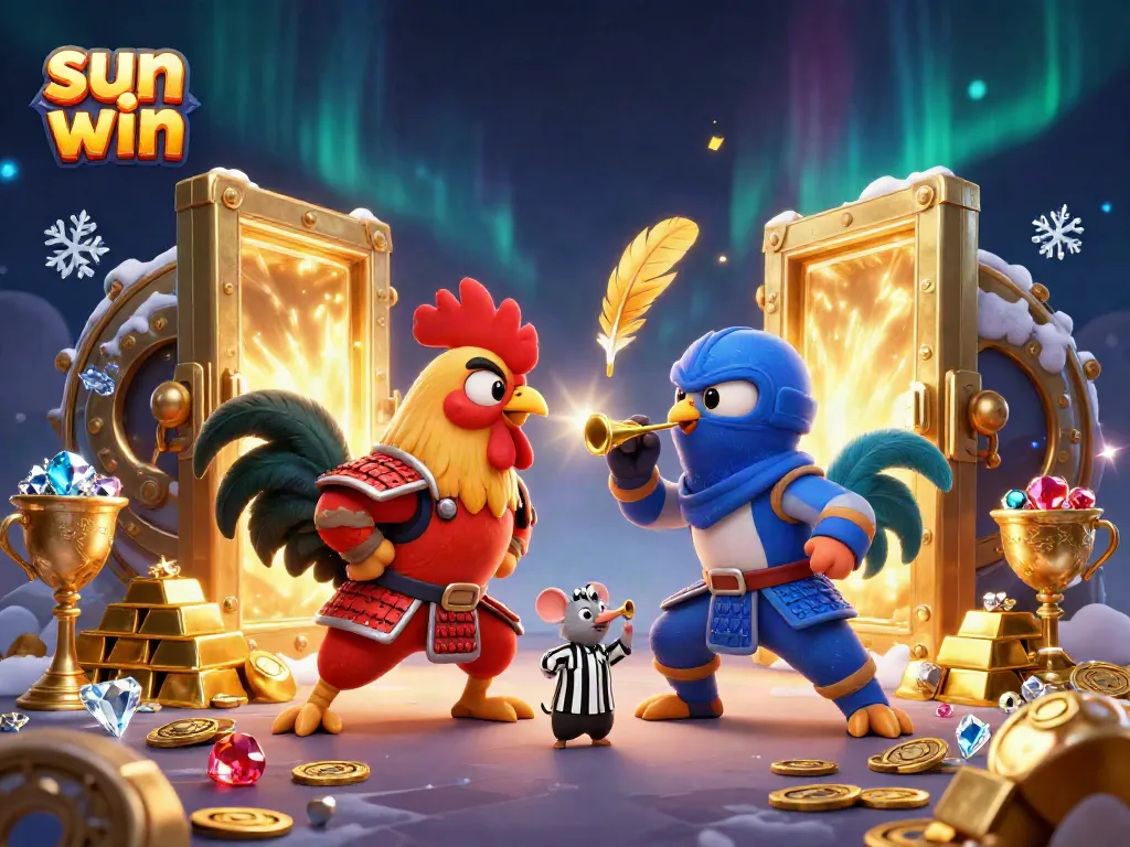 Sun win action scene with twin roosters in a dramatic standoff, surrounded by treasures