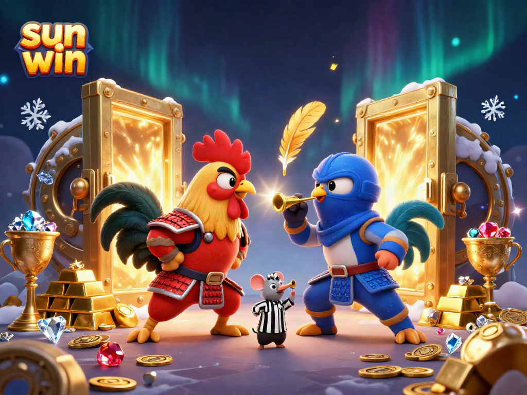 Sun win action scene with twin roosters in a dramatic standoff, surrounded by treasures