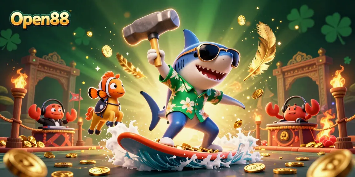 Engage with Open88's thrilling casino experience featuring a shark and clownfish amidst vibrant, gold-filled action!